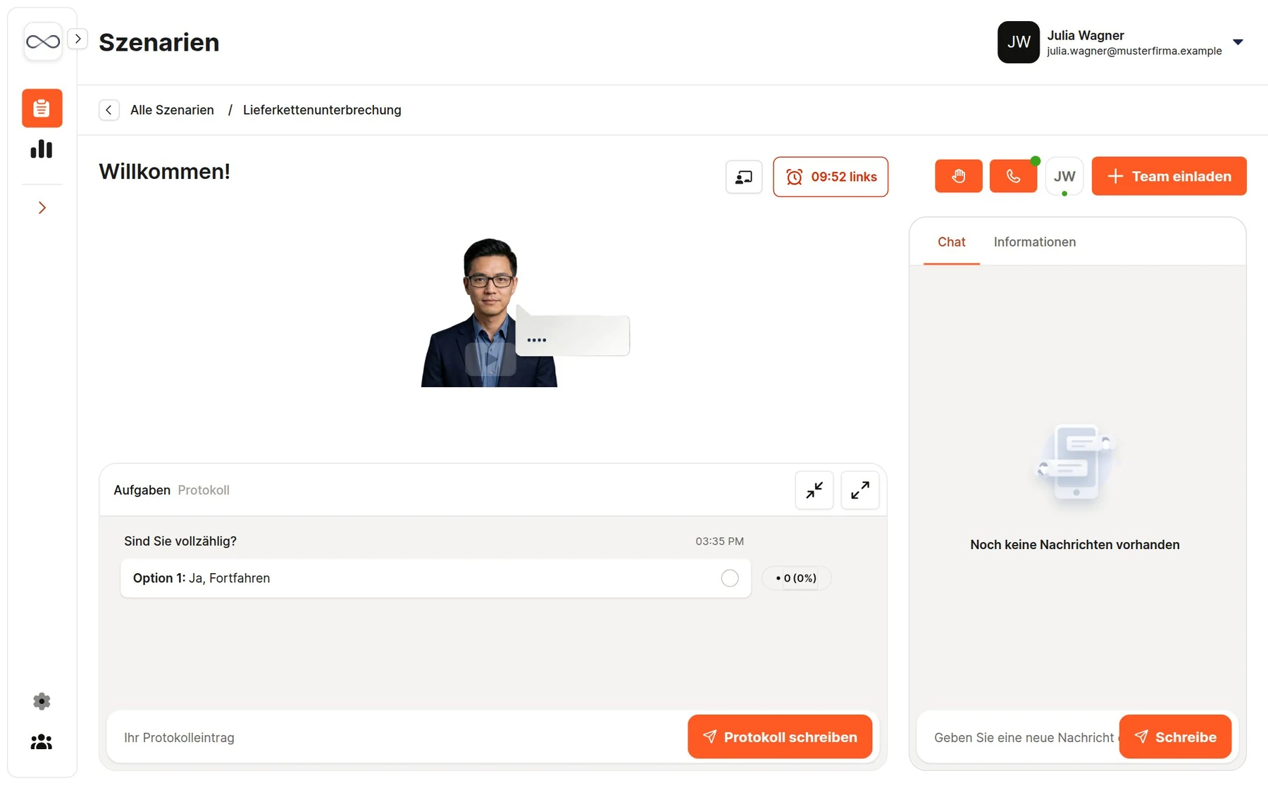 BCM360 Web-App mit Szenario, Entscheidungsoption, Protokoll und Teamchat