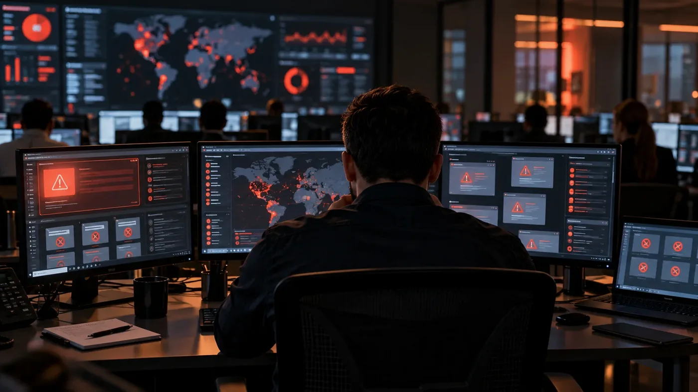 Analyst in einer Sicherheitsleitstelle vor Bildschirmen mit Warnmeldungen als Symbol für einen Cyberangriff