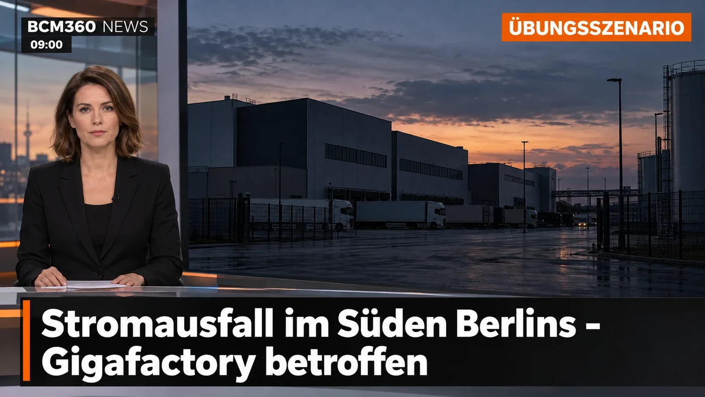 Fiktiver Screenshot von BCM360 NEWS mit der Headline: Stromausfall im Süden Berlins - Gigafactory betroffen