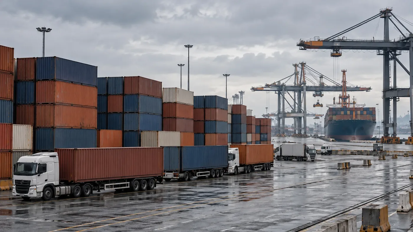 Stillstehende Lastwagen und Frachtcontainer in einem Logistikterminal
